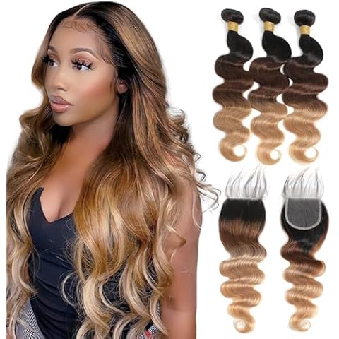 Kapelli Hair 10A Ombre Human Hair Bundles With Closure Ombre Brazilian Hair Body Wave (T1B/4/27,18 20 22+16) Ombre Brazilian Human Hair Virgin Remy Hair Bundles 3 Tone Black to Blonde Cover