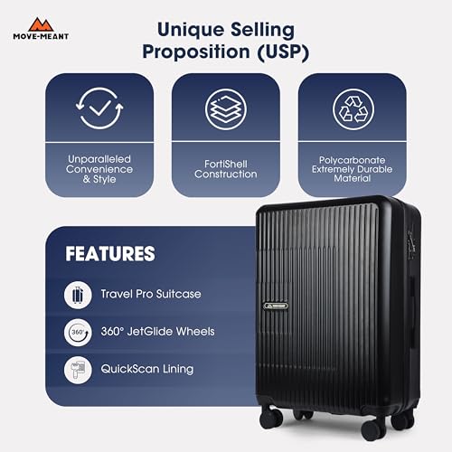 Image of Move-Meant Travel Pro Small & Medium 55 & 66Cm Suitcase 8 Wheels Number Lock Poly Carbonate Black Trolley Bag for Men & Women | 360 Degree Wheeling Luggage | Trolley Bags for Travel