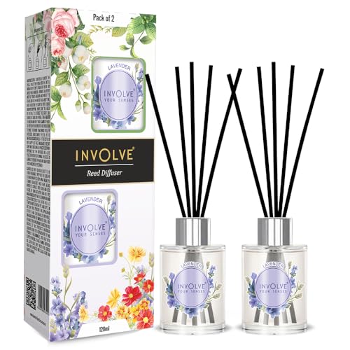 Image of Involve Pura Reed Diffuser Set (Pack of 2) - Lavender - 120 ml | Oil Diffuser with Free 10 Reed Sticks | Room Freshener for Home Decor & Bedroom | New Home Gift Items Useful | House Warming Gift