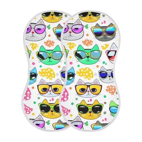 Burbuja Cartoon Cat Faces Wearing Sunglasses Muslin Baby Burp Cloths, Soft & Absorbent Cotton Burping Rags for Newborn Boys & Girls, 2 Pack