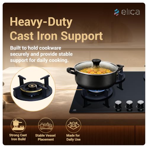 Image of Elica 75cm 4 Burner Auto Ignition Hob | RG FLEXI DFS AB 4B 75 DX | 8 mm Toughened Glass, Direct Vertical Flame Brass Burners, Fully Sealed Burner Design, 2 Year Comprehensive Warranty