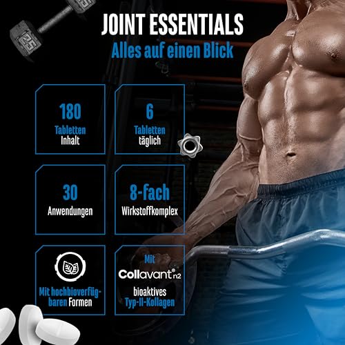 Joint Essentials – Hochdosiertes Gelenk-Supplement mit Collavant® N2 Typ-II-Kollagen – Glucosamin + Chondroitin + MSM + Hyaluronsäure + Vitamin C + Cissus + Weihrauch – 180 Tabletten
