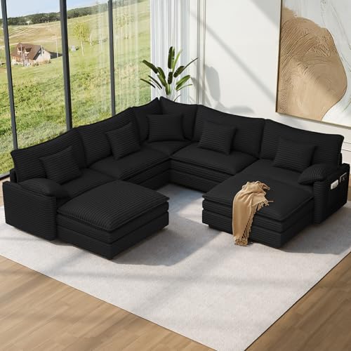 Image of Vesgantti 101 inch V-Shaped Corner Couch Sectional, 7 Seat Customizable Modular Cloud Couches with Movable Ottoman, Corduroy Deep Seat Sofa Set with Chaise for Living Room, Bedroom and Apartment, Black