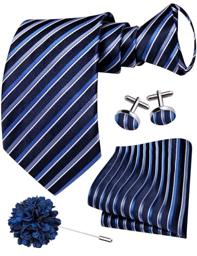 Image of Hi-Tie Zipper Ties for Men Pre-tied Tie Set Lapel Pin Pocket Square and Cufflinks Formal Business Wedding Adjustable Necktie