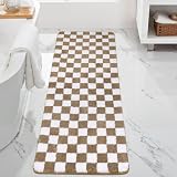 Uphome Bathroom Rug Runner, Funky Checkered Large Machine Washable Bath Mat Non Slip, 24x59 Water Absorbent Soft Microfiber Bath Rug for Tub, Shower, Floor, Khaki