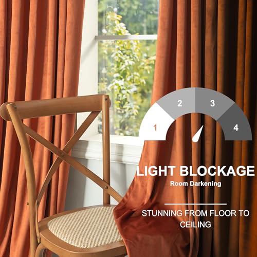 Image of Burnt Orange Velvet Curtains 72 Inch Length 2 Panels for Dining Room Living Back Tab Pleated Thermal Insulated Curtains for Summer Heat Block Winter Rust Terracotta Drape for Girls Bedroom Kids Funky