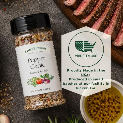 Image of Lesley Elizabeth Pepper & Garlic Seasoned Sea Salt Seasoning - Bold Garlic & Pepper Infused Sea Salt - 8.4 oz (250 ml) PET Shaker Bottle for Meats, Vegetables & Marinades