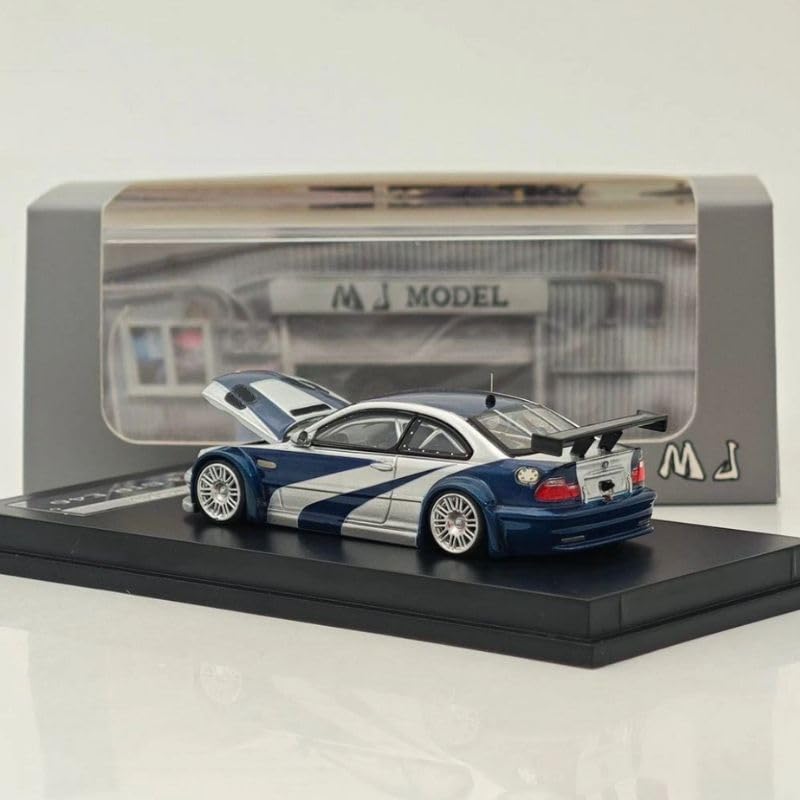 Image of MJModel BME46NFS 1:64 Scale Diecast Model Car, Silver Blue Livery, Opening Hood, Die-cast Metal, Racing Theme - Acrylic Case Version