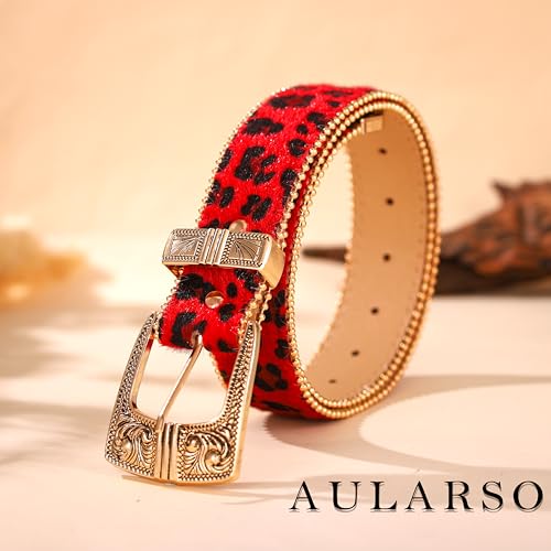 Women's Red Leather Belt Leopard Belt with Gold Buckle Fashion Ladies Belts Cowgirls Belt for Jeans Dress3