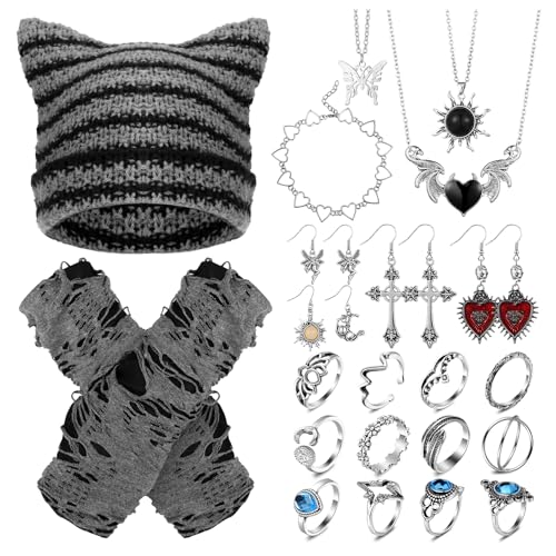 Quelay 22 Pcs Y2k Grunge Knitted Cat Beanie with Fairy Grunge Ripped Glove Earrings Necklace Rings Set Horn Accessories Slouchy Hat Crochet Beanie with Ears (Black)