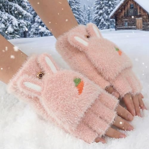 Image of Kraptick Cute Bunny Winter Gloves for Women & Girls - Fluffy Convertible Flip Top Mittens - Warm Fingerless Knitted Woolen Hand Warmer with Button Flap for Typing & Driving (Free Size, Pink)-5
