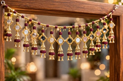 Image of iHandikart Handmade Decorative Beads Toran, with, Mirror, Flower Bell, for Beads, Size - 40 * 8 Inch, Traditional Used for - Home Decor, Fetival Decoration, (IHK-T155)