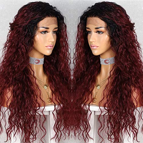 WIGODDESS Black Ombre Red Curly Lace Front Wig , Curly Wig Daily Makeup Party Wig Perruque Heat Resistant Hair 26 inch Synthetic Lace Front Wig For Women