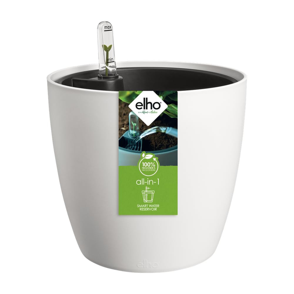 elho All-in-1 Brussel Round 25 + Swi 24-100% Recycled Plastic - Plant Pots Indoor - Ø 25 cm - White/White
