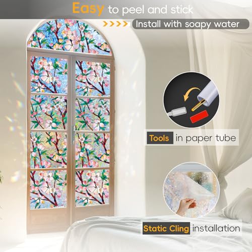 Rainbow Window Privacy Film Decorative Window Sticker, 3D Static Stained Glass Cling Tint for Home Heat Control Non-Adhesive, 35.4 x 78.7 inches