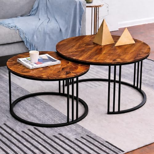 Image of Coffee Table Round Sofa Small Side Table Nesting Table, Modern Negotiation Table Combination Table, Suitable for Living Room Bedroom Side Table (Black Brown)