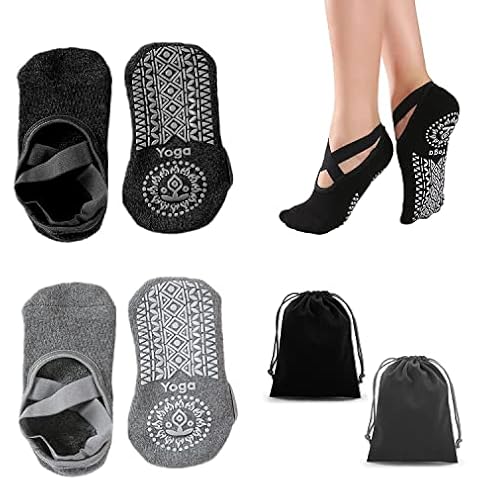 TIANNAIT 2 Pairs of Non-Slip Yoga Socks with 2 Drawstring Bags, Cotton Pilates Socks, Gym Socks with cross grip, Workout Accessories, Good for Dance, Barefoot Workout, Trampoline (Black, grey) Cover