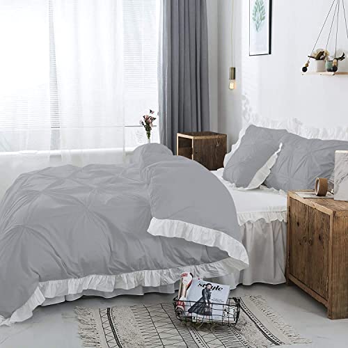 Image of 300 TC Pinch Ruffle 2 Tone Duvet /Razai /Blanket Cover with 2 Pillow Cover- 100% Cotton (Zipper Closure) Razai Cover 3 PC Set, Soft & Lightweight-Double Size White /Light Grey