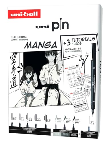 uni-ball - Mitsubishi Pencil - Coffret d’Initiation au Dessin Manga Uni Pin - 8 Feutres Pointes Calibrées Ultra-Fines à Moyennes et Brush - 1 Porte-Mines Shalaku S - 3 Planches Tuto