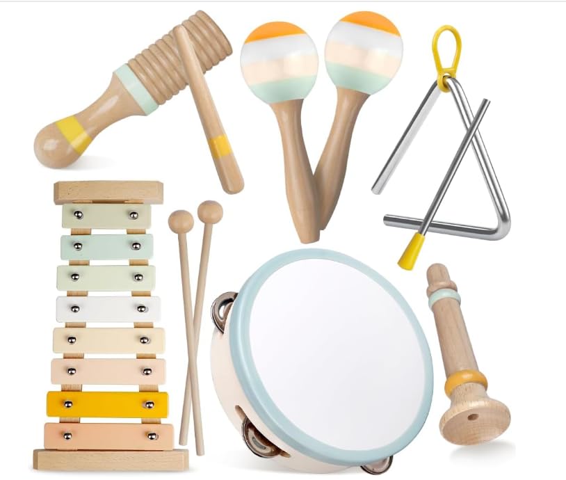 Toddler Musical Instruments, Toddler Toys for 1 2 3 Year Old Kids Sensory Toys Wooden Percussion Musical Instruments Toys with Tambourine Xylophone Gifts for 1 2 3 Year Old Boys Girls