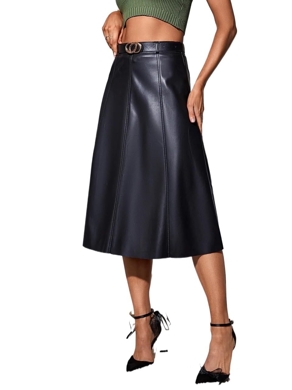 Gonna Pelle，Gonna Pelle Donna Gonna svasata in pelle PU da donna Gonna longuette solida a vita alta retrò Elegante gonna chic da donna con cintura