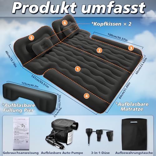 FORMIZON SUV Aufblasbare Matratze, 180 * 140cm Auto Luftmatratze, Aufblasbare Matratze Kofferraum mit Luftpumpe und 2 Kissen, Tragbare Doppelseitige Dickere Auto Bett für Reisen Camping Outdoor