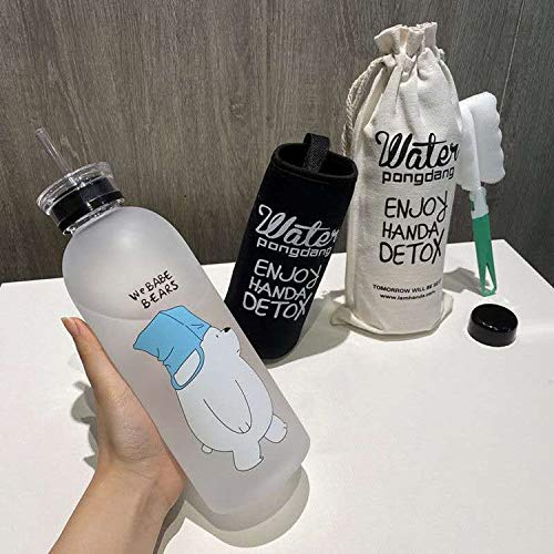 Botella de agua con diseño de oso de dibujos animados de 1000 ml, botella de plástico transparente, botella de agua helada, a prueba de fugas, para niños y niñas, deportes, regalo (oso blanco+bolsa) Cover