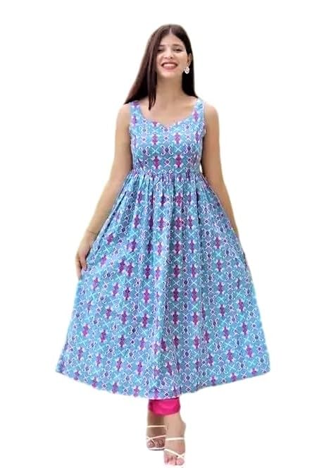 Women's Maxi Dress, Sleeveless, Blue Floral Print, Fit and Flare Style, Summer Casual Wear-picture-20