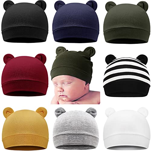 Image of DRESHOW BQUBO 8 Pack Newborn Baby Boy Hats Beanie Bear Ears Preemie Boys Infant Caps Toddler Cotton Hats for 0-3 Months