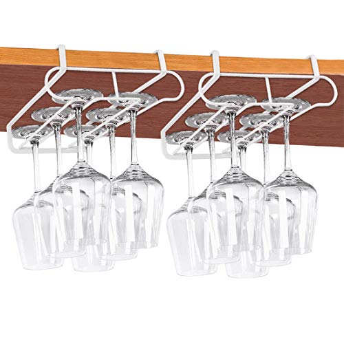 Wine Glass Holder No Drilling 2 Rows Stemware Rack Metal Wine Glasses Organizer Wine Glass Rack Under Cabinet Shelf Fit for Bar Kitchen 2 Pack （White）