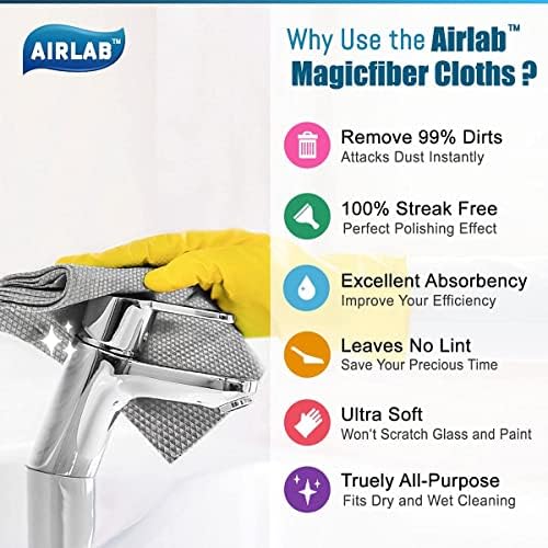 Airlab 8 Pcs Magic Cleaning Cloth, Lint Free Microfibre Cleaning Cloth for Glass and Window, Nanoscale Polishing Cloth for Home All Purpose, Wipes for Car Mirror Kitchen Dish, 12" x 16"