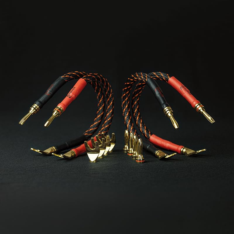 Dynavox Bi-Wire Lot de 4 passerelles de câble, 2 rouges et 2 noirs, en cuivre pur (99,99 OFC), fiches banane interchangeables, cosses à fourche
