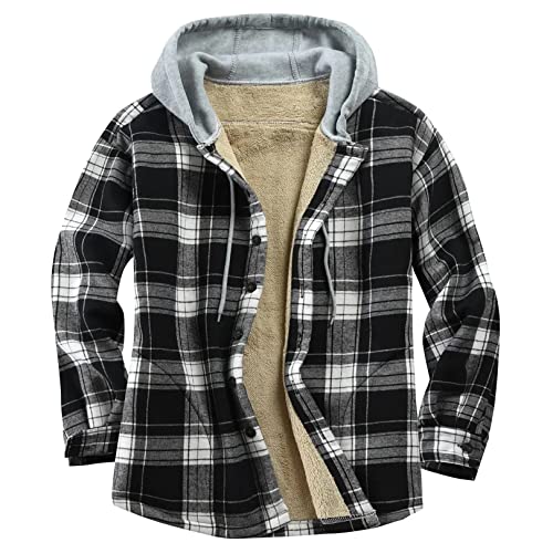 Flygo Flannel Shirt Jacket Men Fleece Hoodie Sherpa Lined Plaid Button Down Fall Winter Jackets with Hood