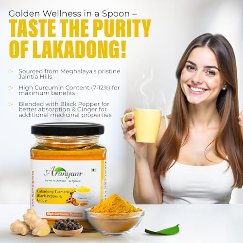 Image of Aranyam Lakadong Turmeric Drink Mix 40g - High Curcumin 7-12% Haldi Powder from Meghalaya, Infused with Black Pepper & Ginger, Ideal for Golden Milk, Latte, Herbal Tea & Healthy Drinks