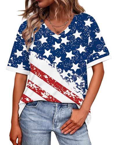 Image of WIHOLL Womens T Shirts Loose Fit Short Sleeve Tees V Neck Color Block Summer Tops 2026 Fashion S-4XL