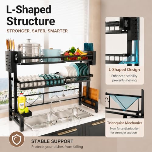 Image of COMFYHOME Over Sink Dish Drying Rack for Kitchen- 2-Tier Carbon Steel Kitchen Organizer with Utensil Holder & Cutting Board Slot - Expandable Length 23.6 inch-39.3 inch(Black)