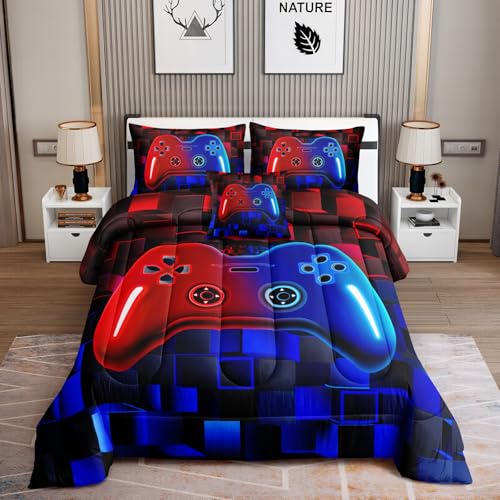ROWADALO 6 Pieces Bed in A Bag Gamer Bedding Set for Boys Kids Adult Gaming Comforters Set,Boys Bed in A Bag Set Full Size Comforter with Fitted Shee Flat Sheet Pillowcase pillowsham,DJT-FX551-Full