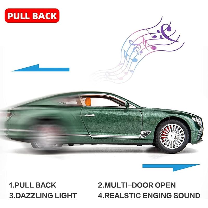 Image of Kids Model 1:24 Bentle Continental Die Cast Metal Car Pull Back Action Opening Doors with Realistic Engine Sound Lights Toy Car Gift for Boys - Green