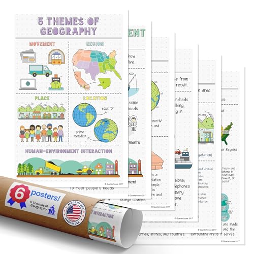 Quarterhouse 6 Poster Five Themes of Geography Set, Social Studies Classroom Learning Materials for K-12 Students and Teachers, 12 x 18 Inches, Made in USA