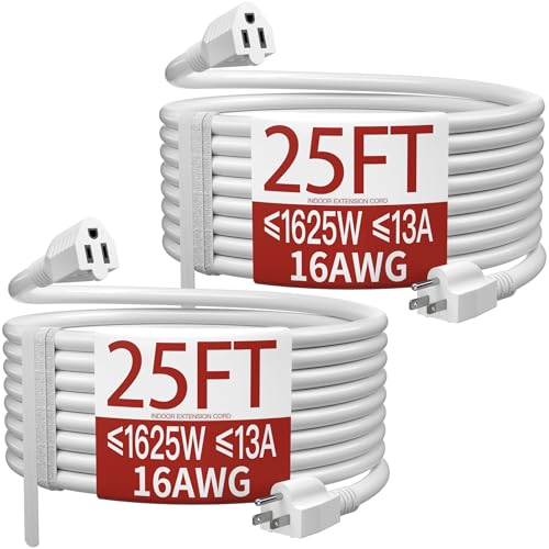 Image of 16 /3 Indoor Extension Cord 25 FT 2 Pack, White Extension Cord Flexible & Durable, 3 Prong Power Cable, Suitable for Home and Office, 13 Amp 1625 Watt 125VAC 16AWG, ETL Listed