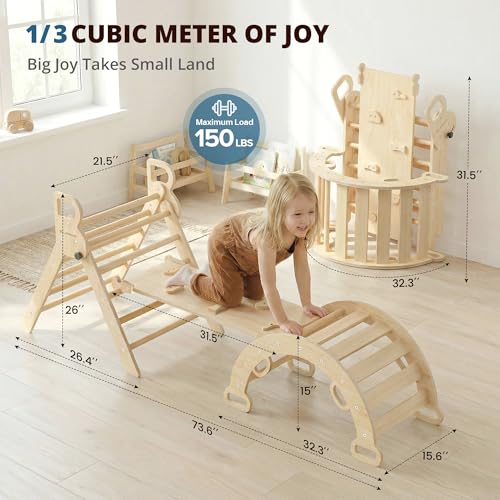 Image of BlueWood Pikler Triangle Set, Toddler Wooden Climbing Toys Indoor 7in1 Climber, Foldable Kids Climbing Toys, Montessori Play Jungle Gym with Arch, Ramp, Ladder (Natural)