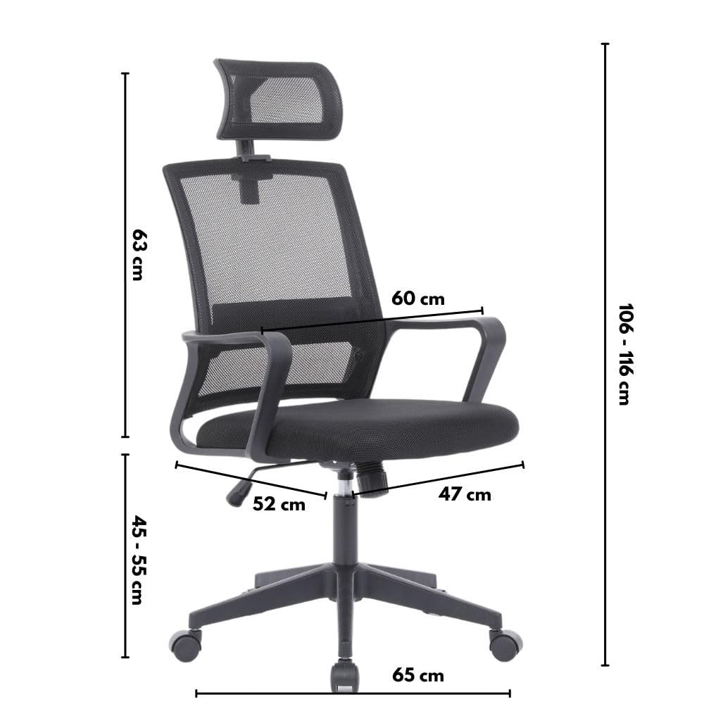 One Living - Sedia Ergonomica da Ufficio CONSTANCE con Poggiatesta Regolabile, Schienale in Rete Traspirante, Base in Nylon con Rotelle, Nero