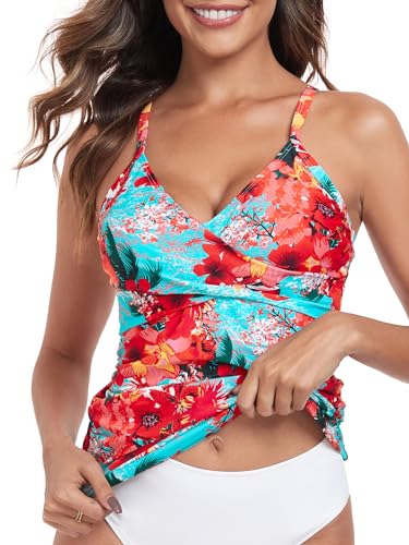 Image of RELELCIGA Women's Tankini Top V Neck Ruched Tummy Control Bathing Suit Top