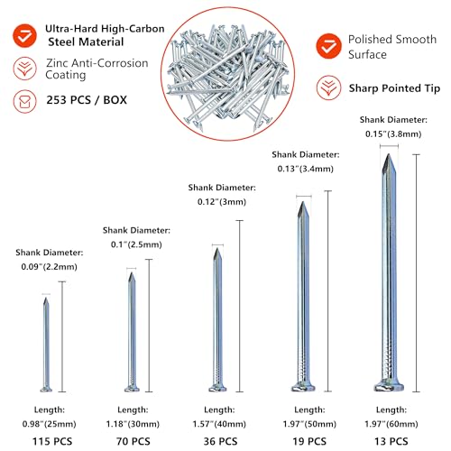 Image of 5 Sizes 253pcs Wall Nails Assortment Kit,Up to 2-1 /3inch Long Nails for Hanging Pictures, Galvanized Masonry Nails,Good Hardness White Zinc Plated Concrete Nails
