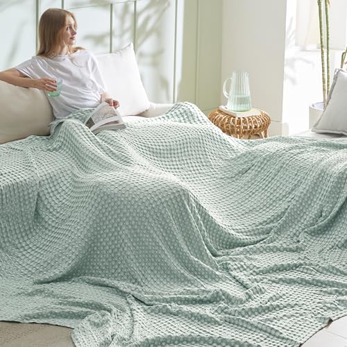 Image of Bedsure Cooling Cotton Waffle Oversized King Blanket - Lightweight Breathable Blankets Rayon Derived from Bamboo for Hot Sleepers, Luxury Throws for Bed and Sofa, Mint Green, 120x96 Inches