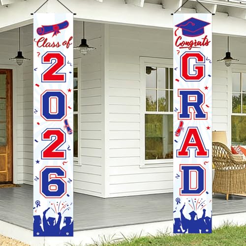 Image of Graduation Decorations 2026 Porch Banner, Graduation Banner Class of 2026, Red and Blue Congrats Grad Decorations for Door and Porch Party Supplies