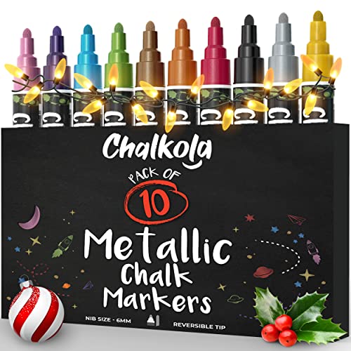 Chalkola Kreidestifte für Tafel Abwaschbar - 10 Metallic Stifte mit 6mm Umkehrbare Spitze - Kreide Stift für Fenster, Tafel, Whiteboard und als Glasstift - Chalk Markers für Erwachsene & Kinder Cover