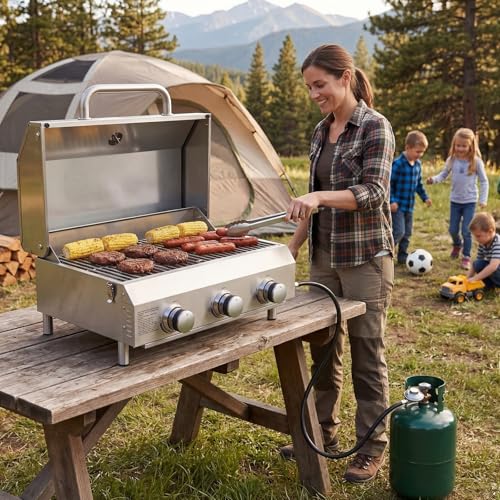 Image of Bestfire 3-Burner Tabletop Gas Grill, 30,000 BTU Portable Propane Grill, Heavy-Duty Thickened Stainless Steel Grates & Knobs, Compact & Detachable Legs for Camping, RV&BBQ