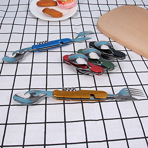 4 peças de utensílios de acampamento 3 em 1 de aço inoxidável para garfo, faca portátil para uso ao