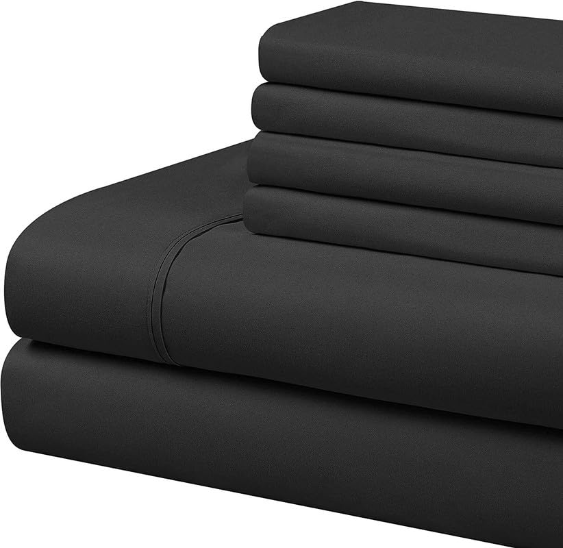 600 Thread Count (30cm) Deep Pockets – 100% Egyptian Cotton Bed Sheets 6 Piece Set, Hotel Quality & Breathable Cotton Sheets - Black Solid, Double Size.